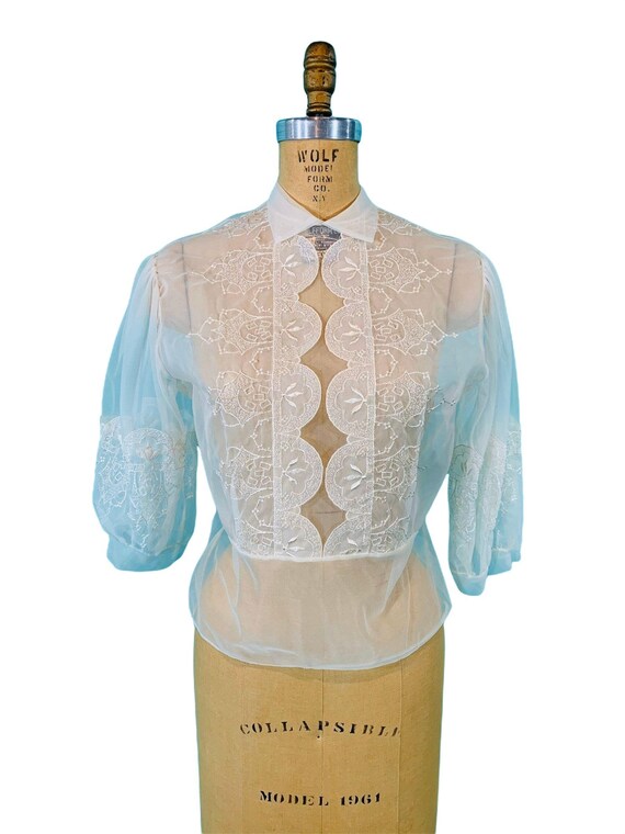 Vintage 1950s Sheer Blouse Puffy Sleeve Button Ba… - image 2