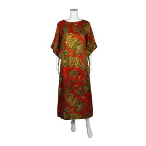 Vintage 70s Caftan Dress Women&#39;s Medium Orange Paisley Alex Coleman Angel Sleeve Hippie