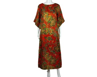 Vintage 70s Caftan Dress Women's Medium Orange Paisley Alex Coleman Angel Sleeve Hippie