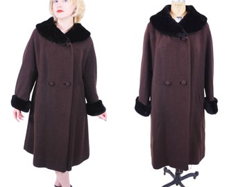 Vintage 1960s Brown Coat Chocolate Fur Collar Swing Lord & Taylor | B 45"