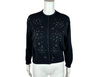 Vintage 50s Beaded Cardigan Mujer Pequeño Cordero Negro Lana Angora Mezcla Suéter