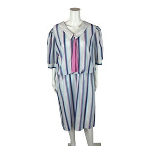 Vintage 80er Jahre Gestreiftes Kleid Damen 1X Pastell Rosa Blau Etui Matrosen Krawatte Sekretärin Volup