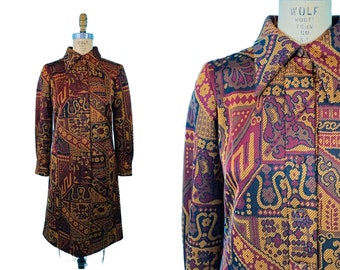 Vintage 1970s Paisley Dress Brown Long Sleeves Shift Boho | B 36"