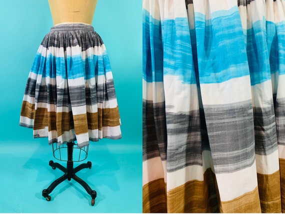 Vintage 1950s Striped Skirt | Blue Gray Brown Pain