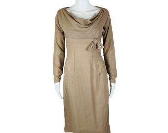 Vintage 1950s Cowl Neck Dress Tan AS IS Long Sleeve | W 26"