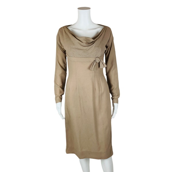 Vintage 1950s Cowl Neck Dress Tan AS IS Long Sleeve | W 26"
