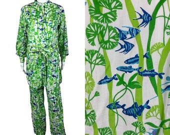 Vintage 70s Pajamas Women's Medium Fish Novelty Print Top Pants Sleep Wear Set Thai Lines