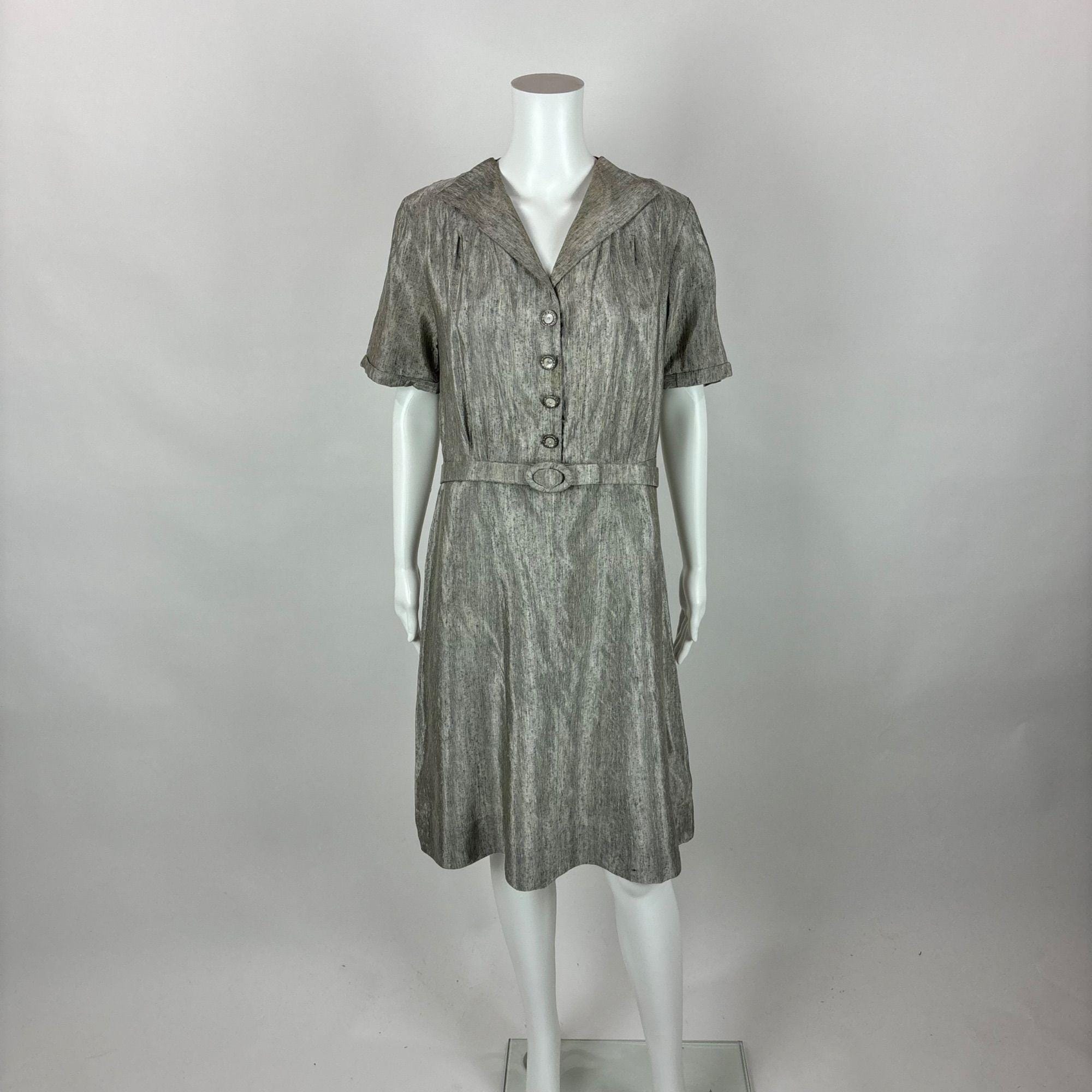 silver 50s dress Pewter Shot Taffeta V-neck Tea Length Swing Dress - 1950s Dress