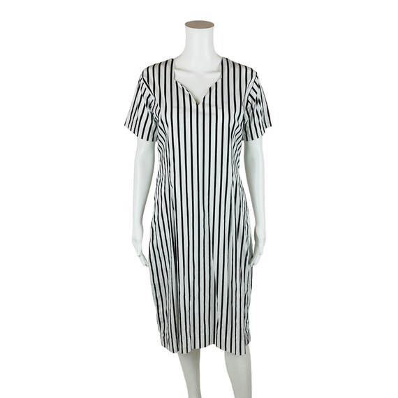 Vintage 1980s Black White Striped Day Dress Handm… - image 1