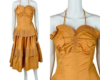 Vintage 1940s Starlet Gown Orange Copper Taffeta Evening Dress Set | W 27"