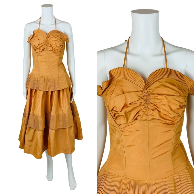 Vintage 1940s Starlet Gown Orange Copper Taffeta Evening Dress Set W 27 image 1