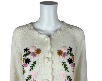 Vintage 60s Floral Cardigan Embroidered Cream Multi Color Acrylic