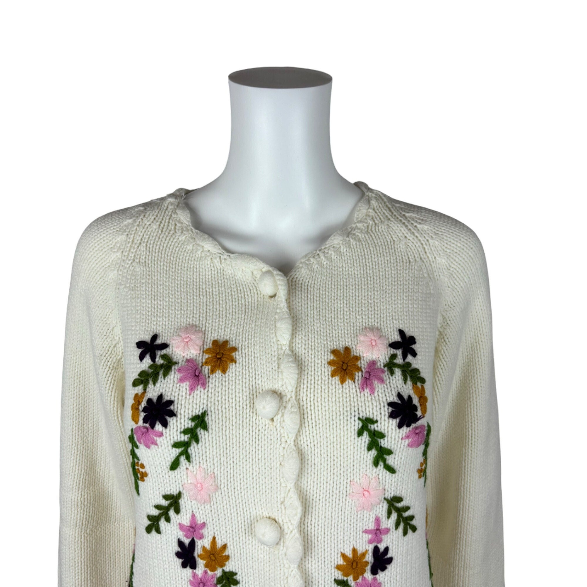Vintage 60s Floral Cardigan Embroidered Cream Multi Color Acrylic