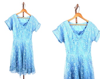 Vintage 1940s Blue Lace Dress Cinderella Party | W 27"