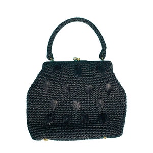 Vintage 1950s Negro Rafia Monedero Asa Superior Bolso Grande