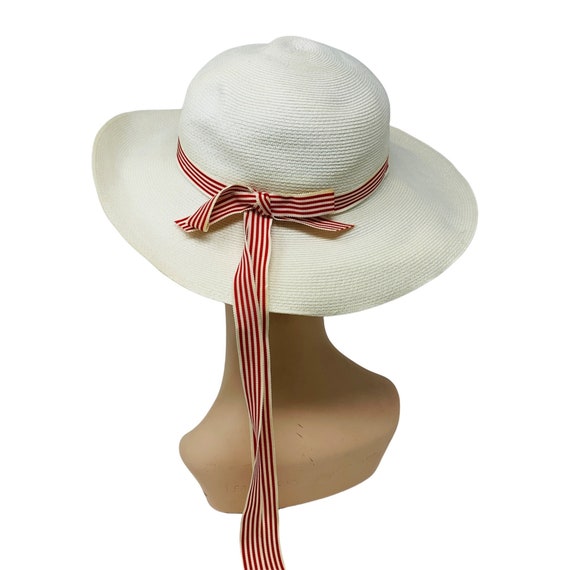 Vintage 1950s White Sun Hat Red Striped Ribbon Ch… - image 6