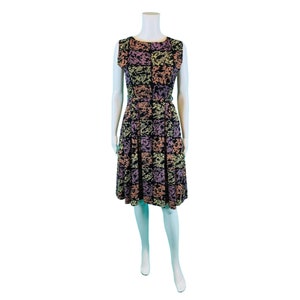 Vintage 1950s Speckle Print Cotton Dress Black Purple Print Fit & Flare | W 26&quot;