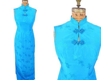 Vintage 1960s Cheongsam Bright Blue Long Dress | W 26"