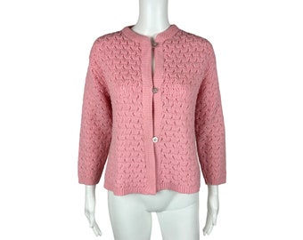 Vintage 60s Pointelle Cardigan Baby Pink Women's Sweater Rockabilly