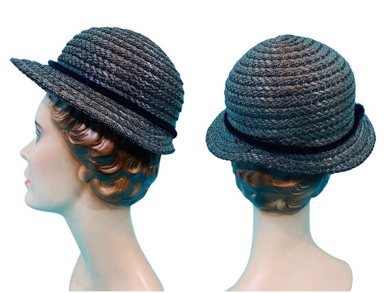 Vintage 1950s Wicker Hat Small Brim Straw Cap - image 8