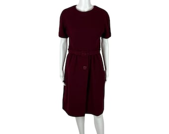 Vintage 60s Wool Dress Women's Medium Cranberry Short Sleeve Mod Sheath
