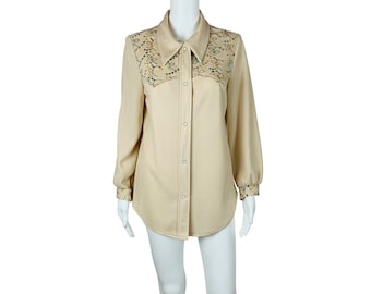 Vintage 70s Western Shirt Neutral Rainbow Embroidered Yoke Cowgirl Top