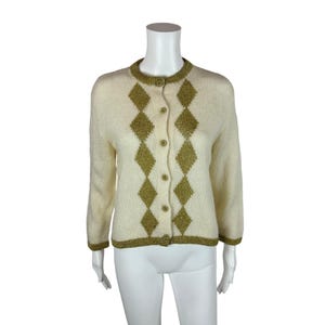 Vintage 80s Metallic Cardigan Women&#39;s Large Gold Harlequin Diamonds Sweater