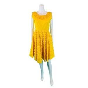 Vintage 50s Sun Dress Womens Small Yellow Cotton Party Ruffle Bright Sundress
