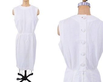 Vintage 1960s Solid Cream Day Dress Stripe Shift | W 29"