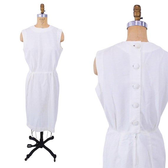 Vintage 1960s Solid Cream Day Dress Stripe Shift |