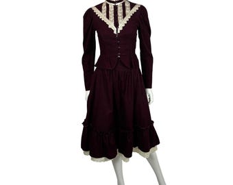 Vintage 70s Prairie Dress Outfit XXS Burgundy Corduroy Victorian Top Skirt Set Gunne Sax