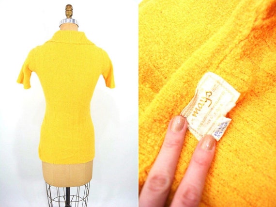 Vintage 1970s Tunic Top Mustard Yellow Knit Wool … - image 5