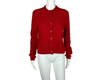 Vintage 60s Wool Cardigan Women&#39;s Medium Red Pointelle Sweater
