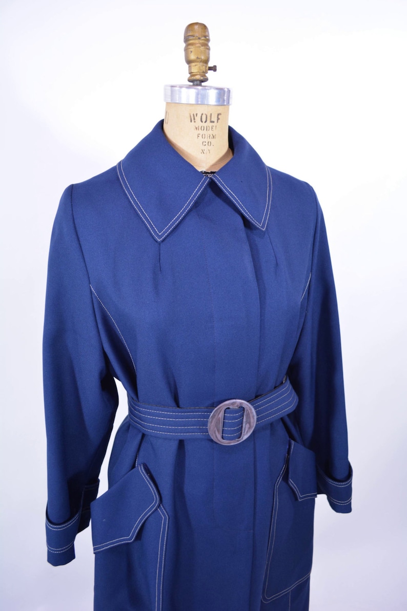 Navy Blue Belted Light Coat Vintage 1960s Trench Coat B 42