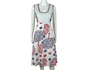 Vintage 70s Tree Dress Women's Small Novelty Floral Print Ric Rac Sundress Groovy Hippie