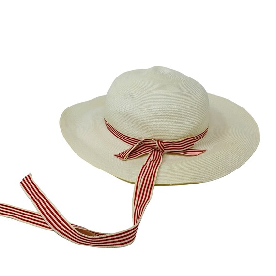 Vintage 1950s Sun Hat White Red Striped Ribbon Chin Strap  display picture 1