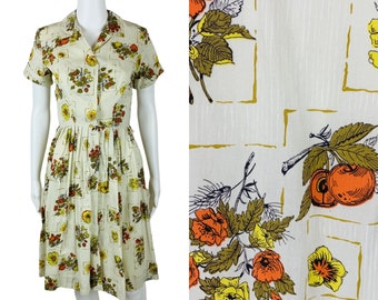 Vintage 1960s Shirt Dress Strawberries Fruits & Flowers Print Crestmont | W 24"