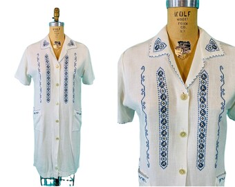 Vintage 1970s Linen Dress Blue White Embroidered Shift | B 42"