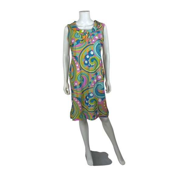 psychedelic colorful spiral print halter mini dress Vintage 60s Trippy Womens Small Swirl Shift Sleeveless dress