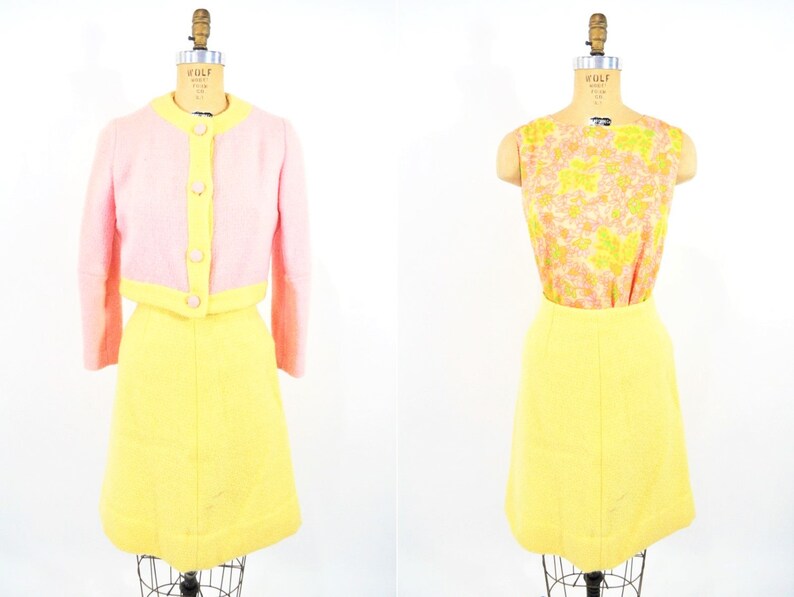1960s mod suit pink yellow wool jacket skirt blouse vintage set W 25