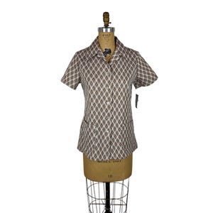 Vintage 70s Brown Shirt Womens Medium Short Sleeve Button Down Pointed Collar
