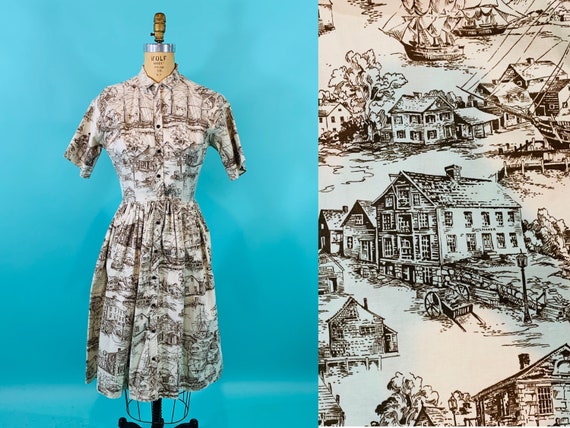 Vintage 1950s Scenic Dress | Brown Seaside Town Sh