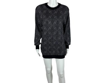 Suéter estilo túnica vintage de los años 80 para mujer, jersey geométrico artístico metalizado plateado y negro mediano