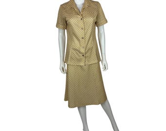 Vintage 70s Polka Dot Outfit Womens Large Tan Matching Top Skirt Set