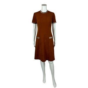 Vintage 70s Mini Dress Women&#39;s Small Brown Faux Suede Short Sleeve Shift Boho