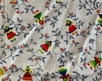 May include: White fabric with a repeating pattern of colorful girls in dresses. The girls are wearing red, green, yellow, and blue dresses with white accents. The fabric has a vintage feel and would be perfect for a craft project.