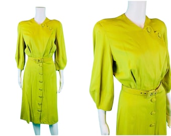 Vintage 1940s Lime Green Asymmetrical Button Dress | W 24"