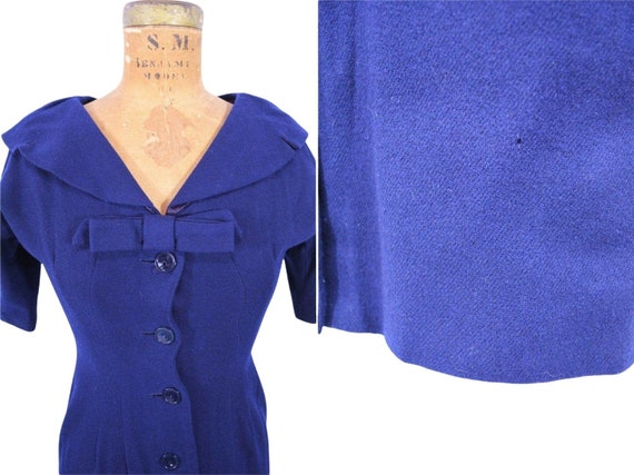 Vintage 1950s Wool Dress Navy Blue Fitted Button … - image 3