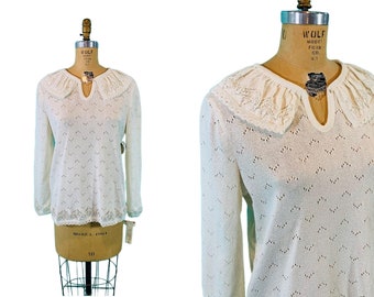 vintage 1980s Cream Pointelle Ruffle Pull Deadstock Pullover | B 41 »