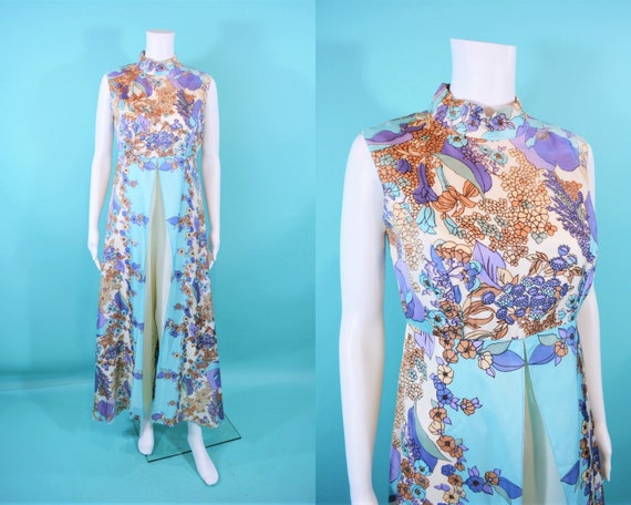 Vintage 1960s Floral Jumpsuit | Purple Blue Waterc